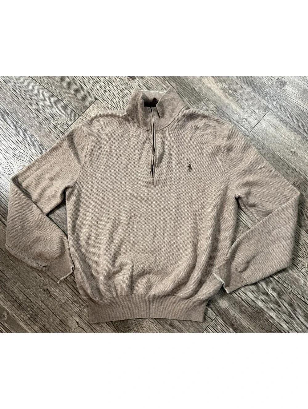 Polo Ralph Lauren Sweater Mens Large Beige Preppy 1/4 Zip Mock Neck Pullover